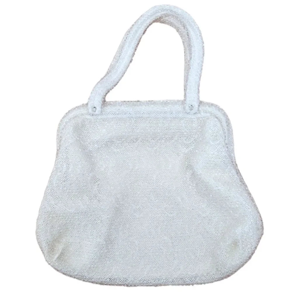 Corde Bead White Seed Bead Top Handle Purse